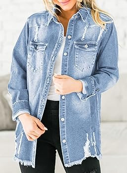 Dokotoo Jean Jacket Frayed Washed Button Fall Denim Oversize Casual Fashion Shirts Long Sleeve Bo... | Amazon (US)