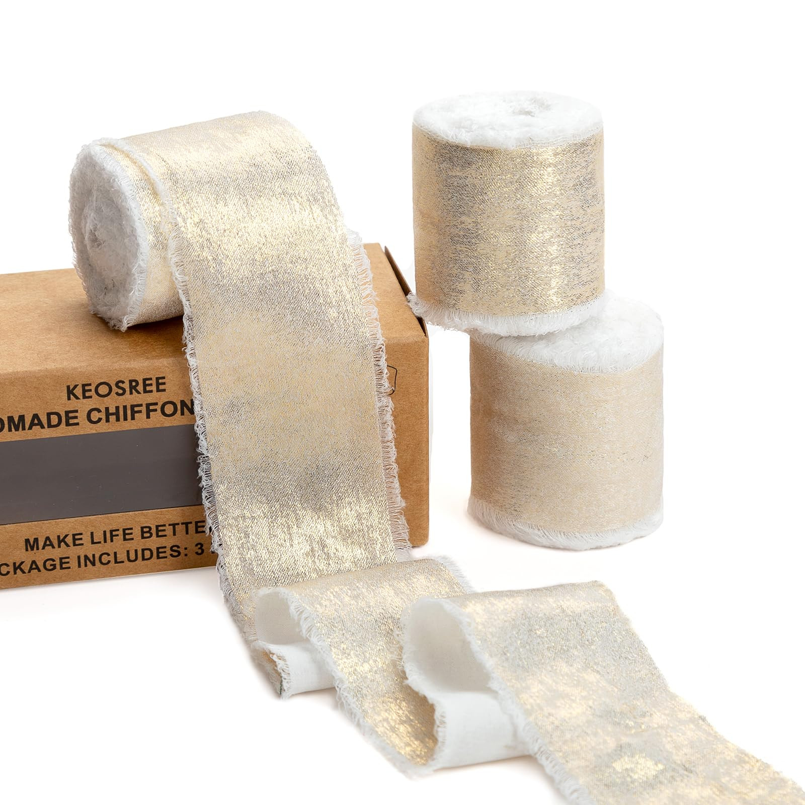 Champagne Gold Silk Chiffon Ribbon,Ivory White Frayed Shimmery Silk Ribbon for Bridal Flower Bouq... | Amazon (US)
