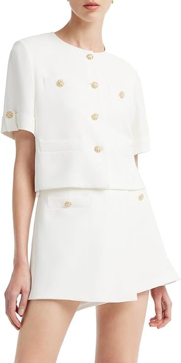 GOELIA Women's 2 Piece Suit Sets White Acetate Short Sleeve Blazer Jacket and Skirt Shorts Busine... | Amazon (US)