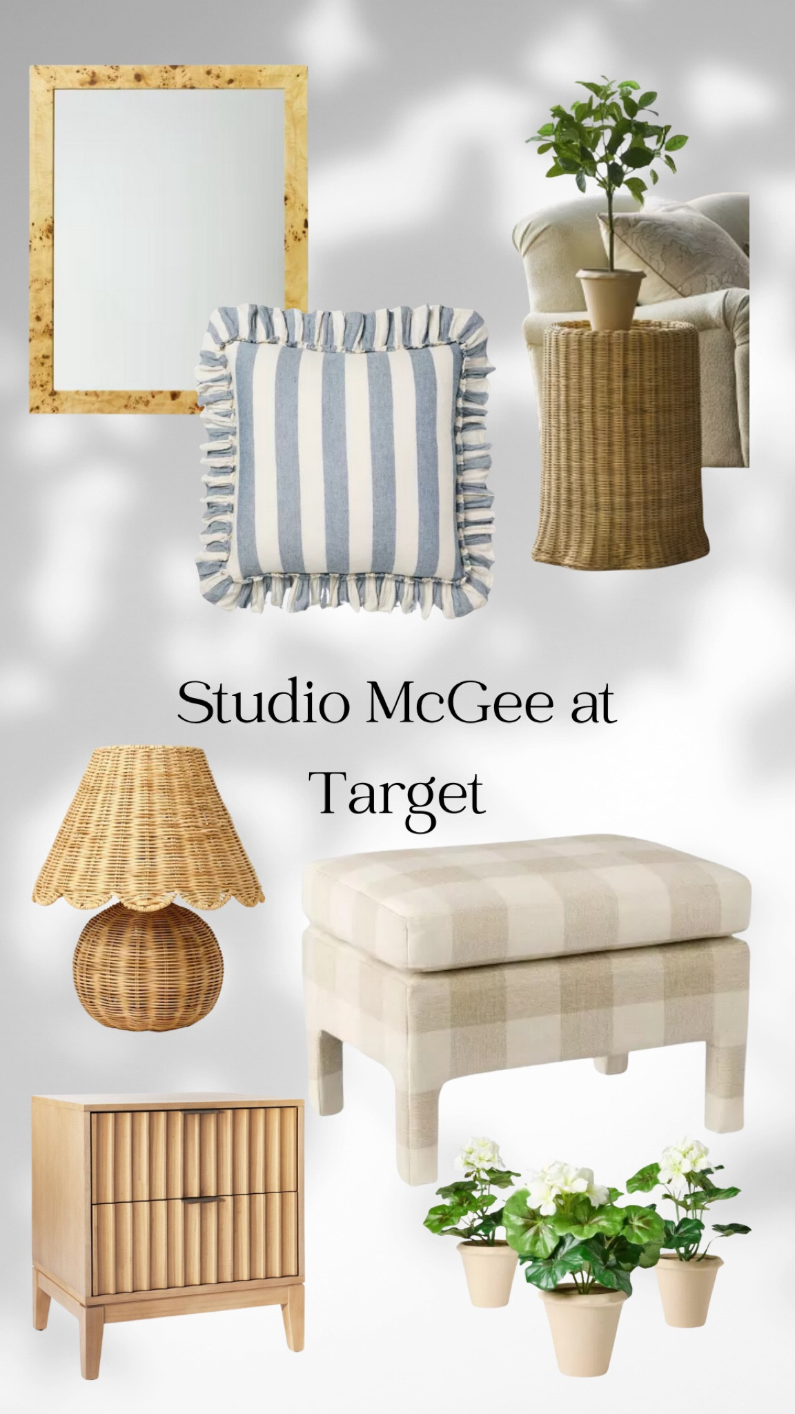 New studio McGee home collection 
Rattan grandmillenial light fixture 
Buffalo check ottoman 
Rattan end table 
Faux greenery 
Burlwood wall mirror 

#LTKSaleAlert #LTKGiftGuide #LTKFindsUnder50