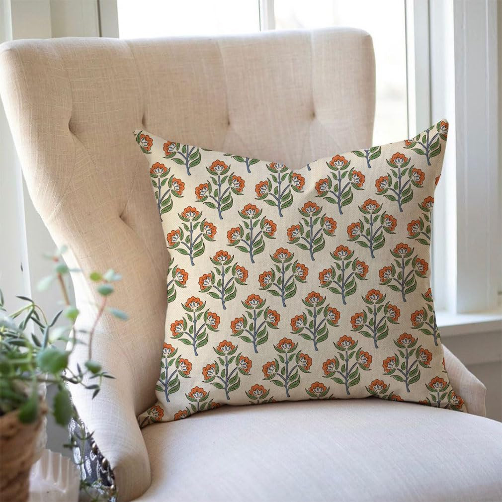Block Print Throw Pillow Covers 18x18 Inch Set of 2 Green and Orange Vintage Floral Boho Outdoor ... | Amazon (US)