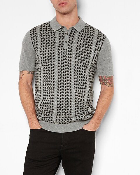 Houndstooth Cotton Short Sleeve Polo Sweater | Express