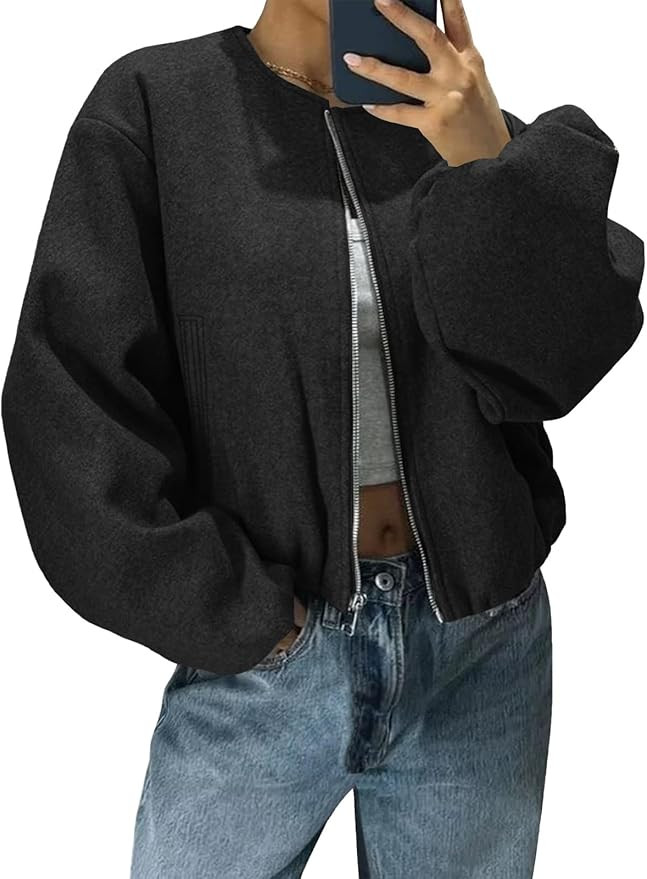 Tankaneo Womens Cropped Bomber Jackets Trendy Casual Collarless Pea Coat Zip Up Fall Short Jacket | Amazon (US)