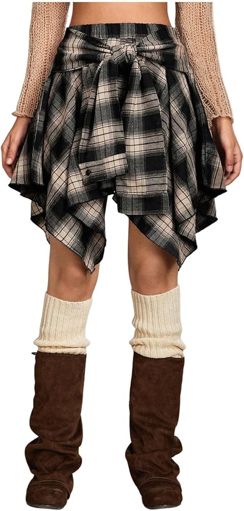 Verdusa Women's Y2k Goth Grunge Plaid Skirts Tie Vintage Asymmetrical Flowy Pleated Mini Skater S... | Amazon (US)