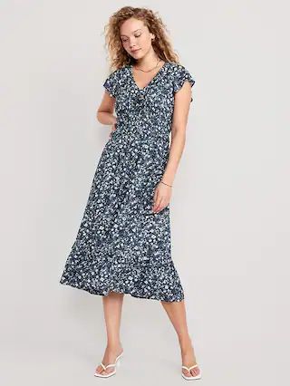 Waist-Defined Flutter-Sleeve Floral Midi Dress | Old Navy (US)