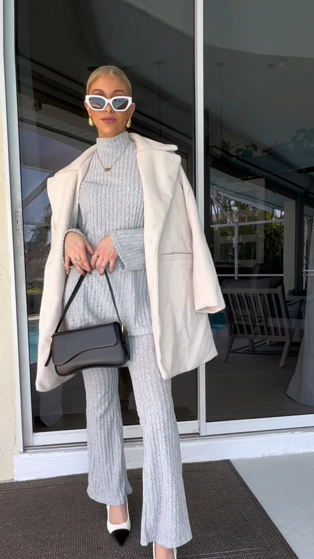 SHEIN Black Friday sale, lapel neck overcoat, sling back two tone kitten heels, angel number necklace, faux leather black bag, mock neck split hem tee, flare pants, grey two piece lounge set, beige retro sunglasses, teardrop earrings, gold jewelry, cozy winter outfit, holiday outfit, winter fashion 

#LTKstyletip #LTKsalealert #LTKCyberWeek