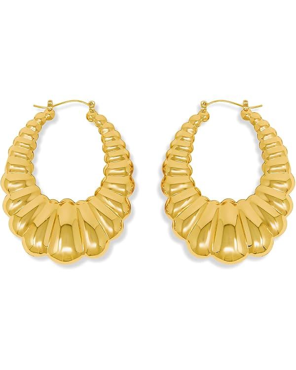 Gold Plated Scalloped Hoop Earrings for Women-Oval Shaped Shrimp Puffy Hollow Hoop Door Knocker P... | Amazon (US)