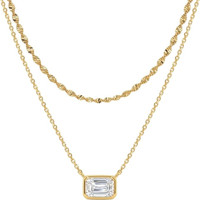 TONTMY STUDIOS Layered Gold Necklace for Women 14K Gold Plated Small Dainty CZ Pendant Layering G... | Amazon (US)