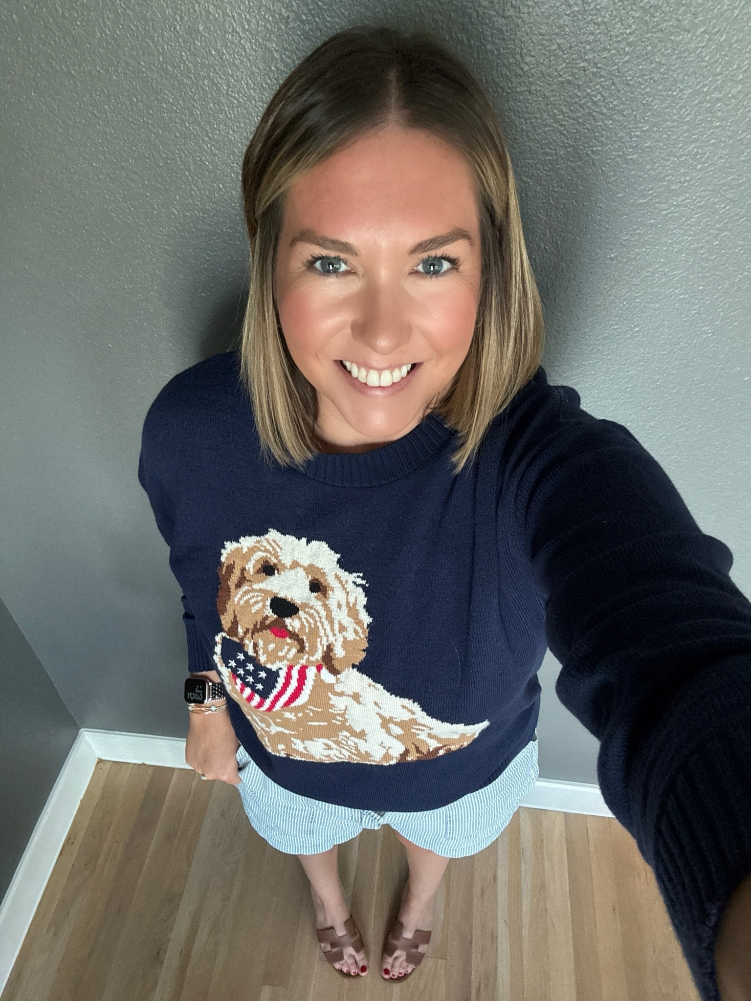 Some storms rolled in today and cooled it down a bit so I took the opportunity to wear a summer sweater. This one with the Americana dog is just so cute and I’ll have for a long time. I cannot pass up anything with a doodle. Paired it with comfy short and my Hermes sandals to head out to dinner.

#LTKootd #LTKSaleAlert #LTKMidsize
