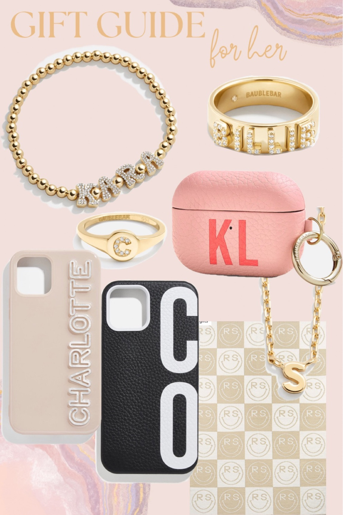 gift guide for her. personalized gifts. personalized bracelets, rings, phone cases, airpod cases 

#LTKunder50 #LTKunder100