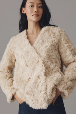 Maeve Faux Fur Collarless Double-Breasted Jacket | Anthropologie (US)