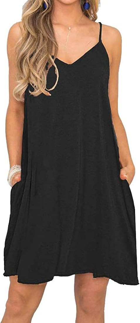 Ladmous Women's Summer Spaghetti Strap Sundresses Boho Beach Dresses Casual Mini Dresses with Poc... | Amazon (US)