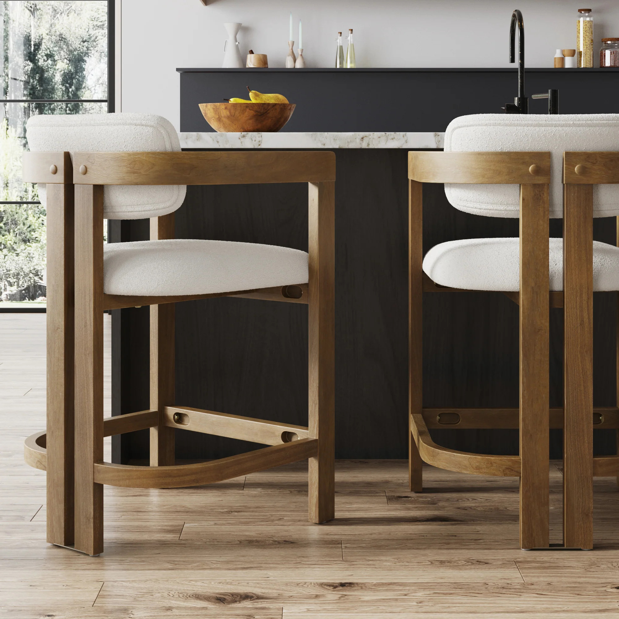Boucle Bar Stool with Barrel Back and Arm Light Brown | Nathan James