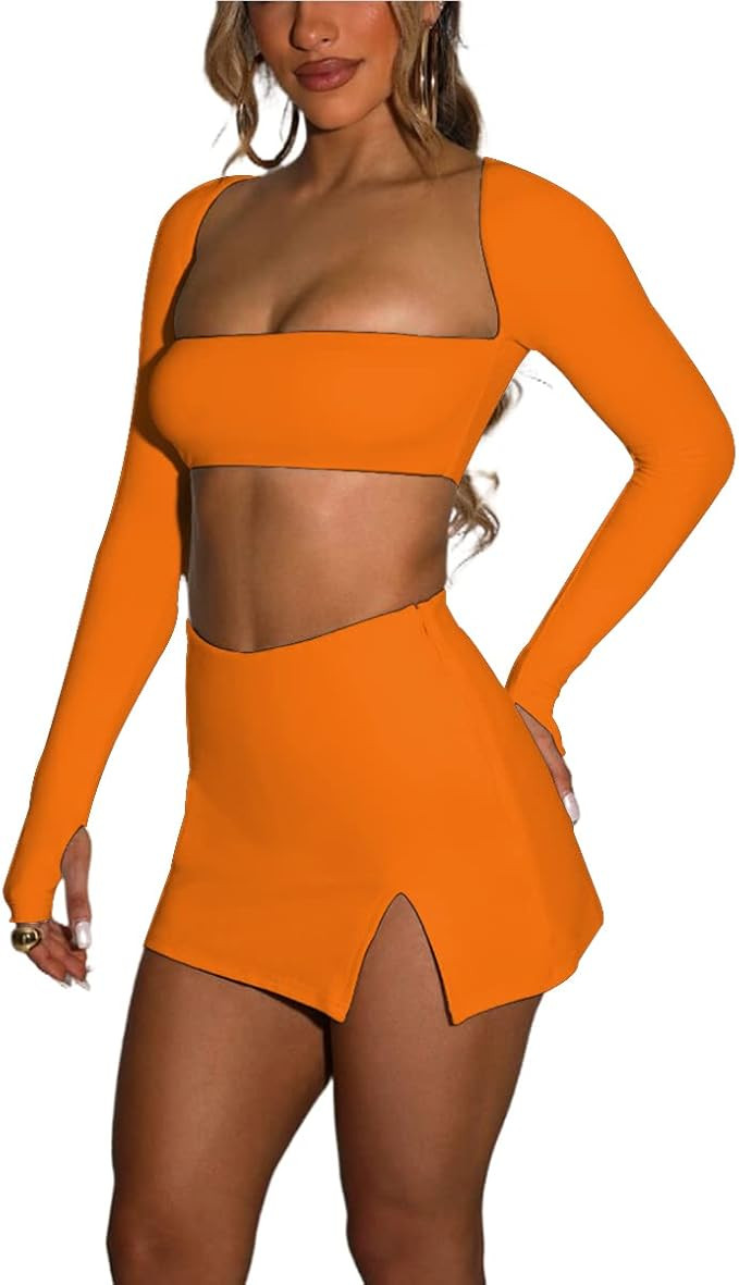 Azhong Women’s 2 Piece Set Long Sleeve Square Neck Crop Top Bodycon Mini Club Party Skirt Set | Amazon (US)