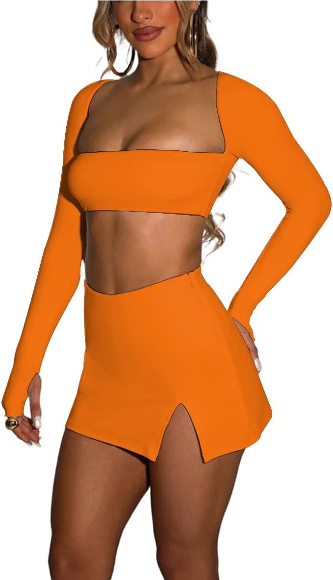 Azhong Women’s 2 Piece Set Long Sleeve Square Neck Crop Top Bodycon Mini Club Party Skirt Set | Amazon (US)