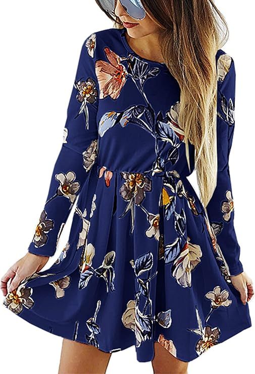 Angashion Womens Dresses Casual Floral Print Long Sleeve Swing Pleated Skater A Line Mini Dress | Amazon (US)