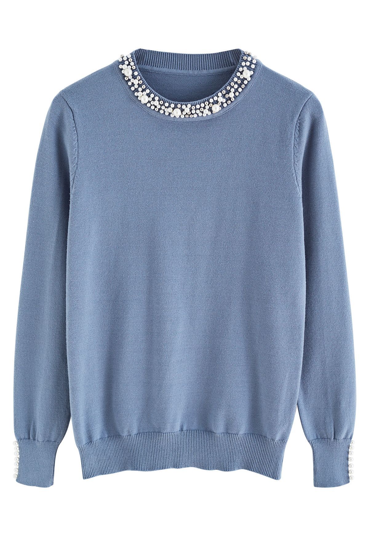 Pearl Trimmed Soft Knit Top in Dusty Blue | Chicwish