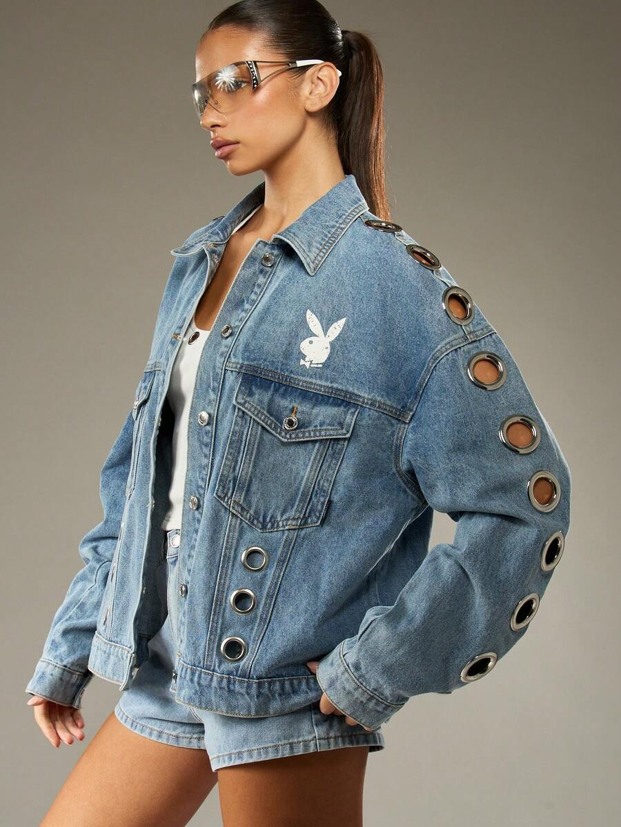 Missguided x Playboy Denim Jacket Medium Wash Metal Eyelets Oversized Trucker Jean Jacket Winter Fashion With Bunny Logo Casual Streetwear Autumn Spring | SHEIN