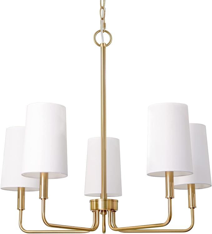 Chandelier, Brushed Brass with White Fabric Shade, Farmhouse Linear Island Lighting Fixture for K... | Amazon (US)