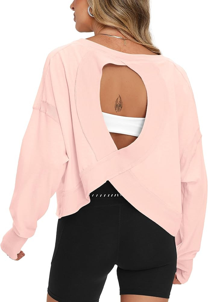 Darong Women's Open Back Workout Top Oversized Athletic Shirt Long Sleeve Crop Top with Thumb Hol... | Amazon (US)