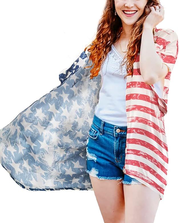 Women's American Flag Print July 4th Shirts Kimono Cardigan Loose Cover Up Casual Summer Tops | Amazon (US)