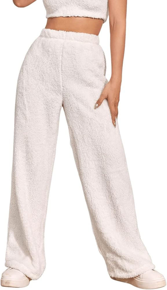 Verdusa Women's High Waist Fuzzy Fleece Lounge Long Pants Pajama Pants | Amazon (US)