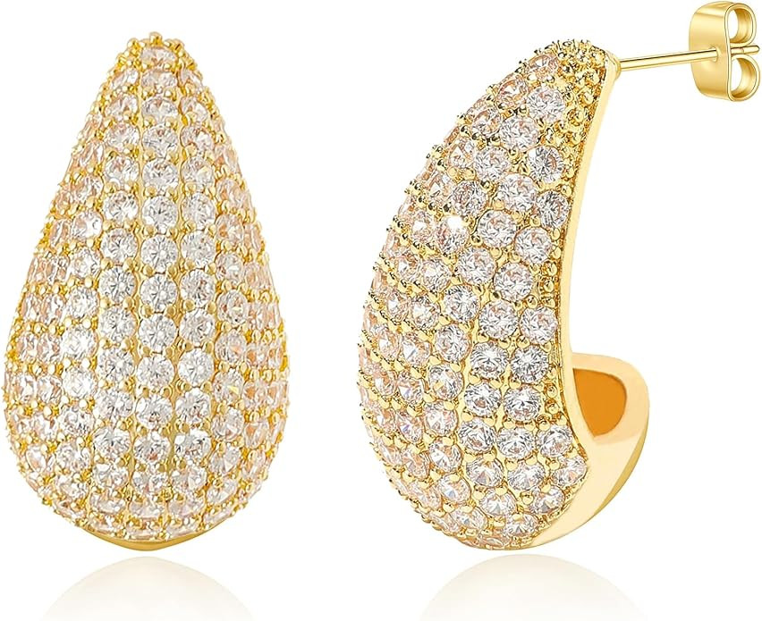 Chunky Gold Hoop Earrings for Women, Rhinestone Teardrop Earrings Dupes Lightweight Water Drop Ea... | Amazon (US)
