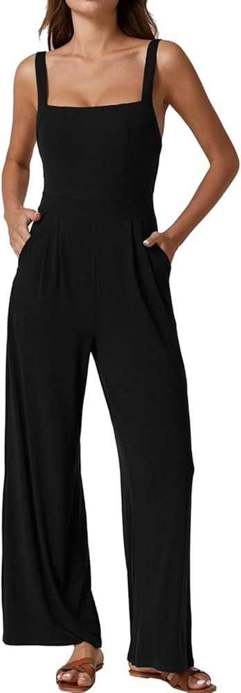 QINSEN Womens Casual Loose Overalls Jumpsuit Square Neck One Piece Sleeveless Wide Leg Rompers Ou... | Amazon (US)