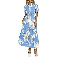 Wenrine Womens Casual Shirt Dress Floral Collared Short Sleeve Button Down Drawstring Waist Loose... | Amazon (US)