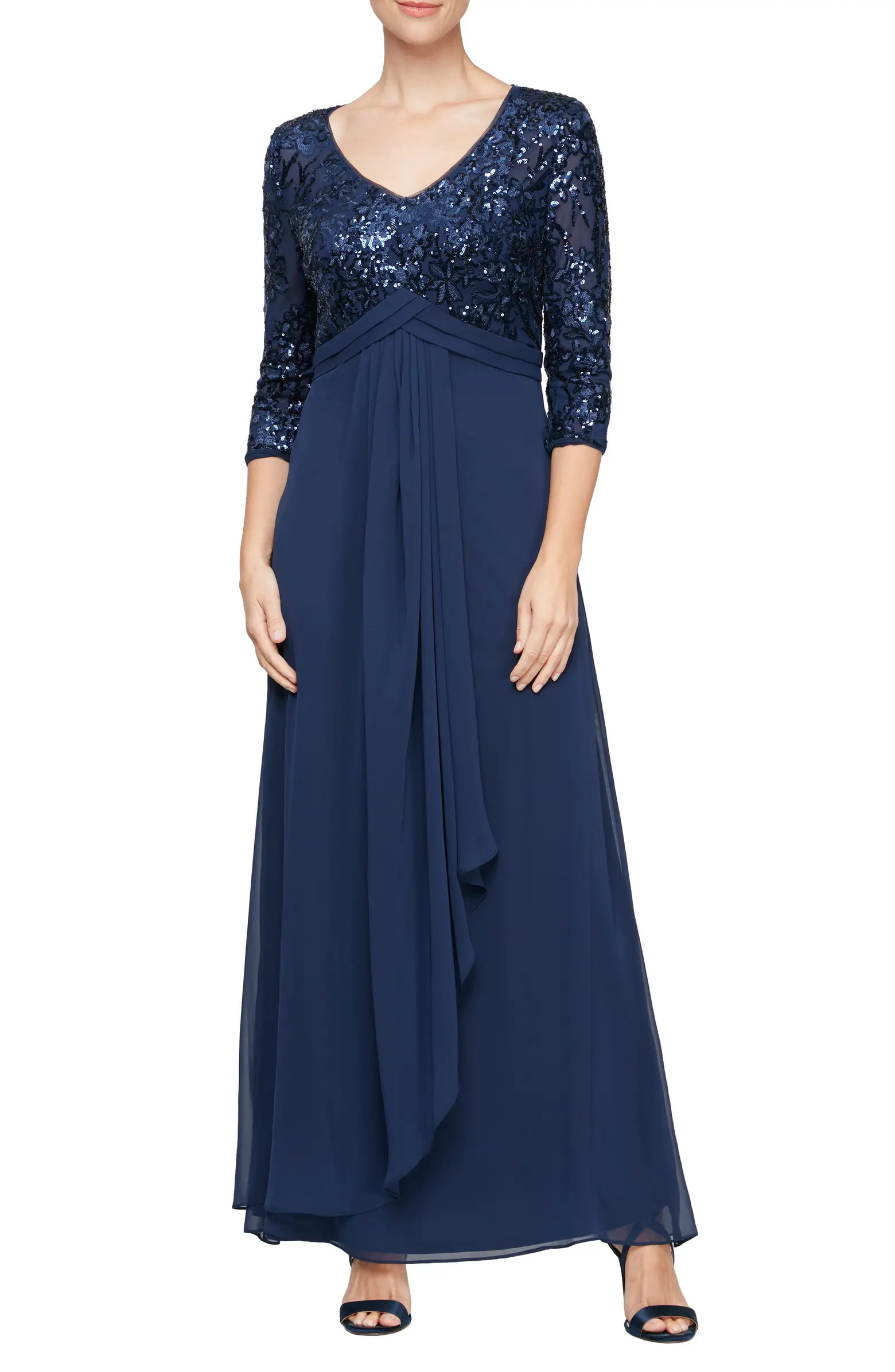 Sequin Three-Quarter Sleeve Evening Gown | Nordstrom