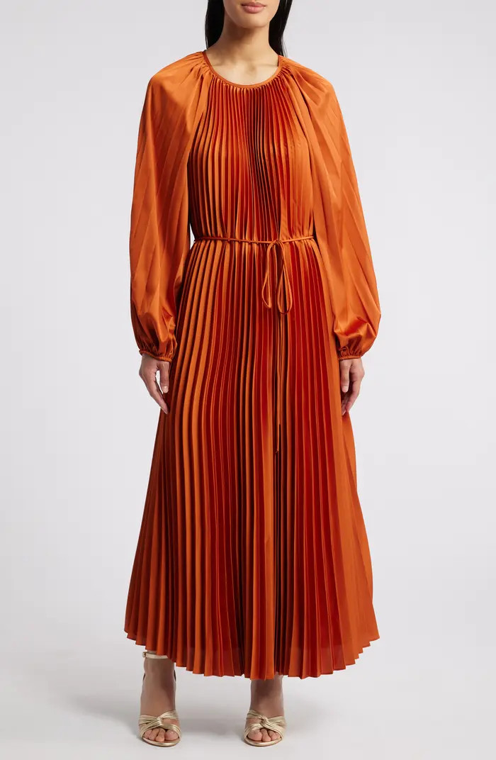 Julia Jordan Pleated Long Sleeve Satin Midi Dress | Nordstrom | Nordstrom