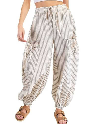 Yinawsky Women Drawstring Striped Pants Loose Wide Leg Casual Lounge Pants with Pockets(0352-LightGrey-M) | Amazon (US)