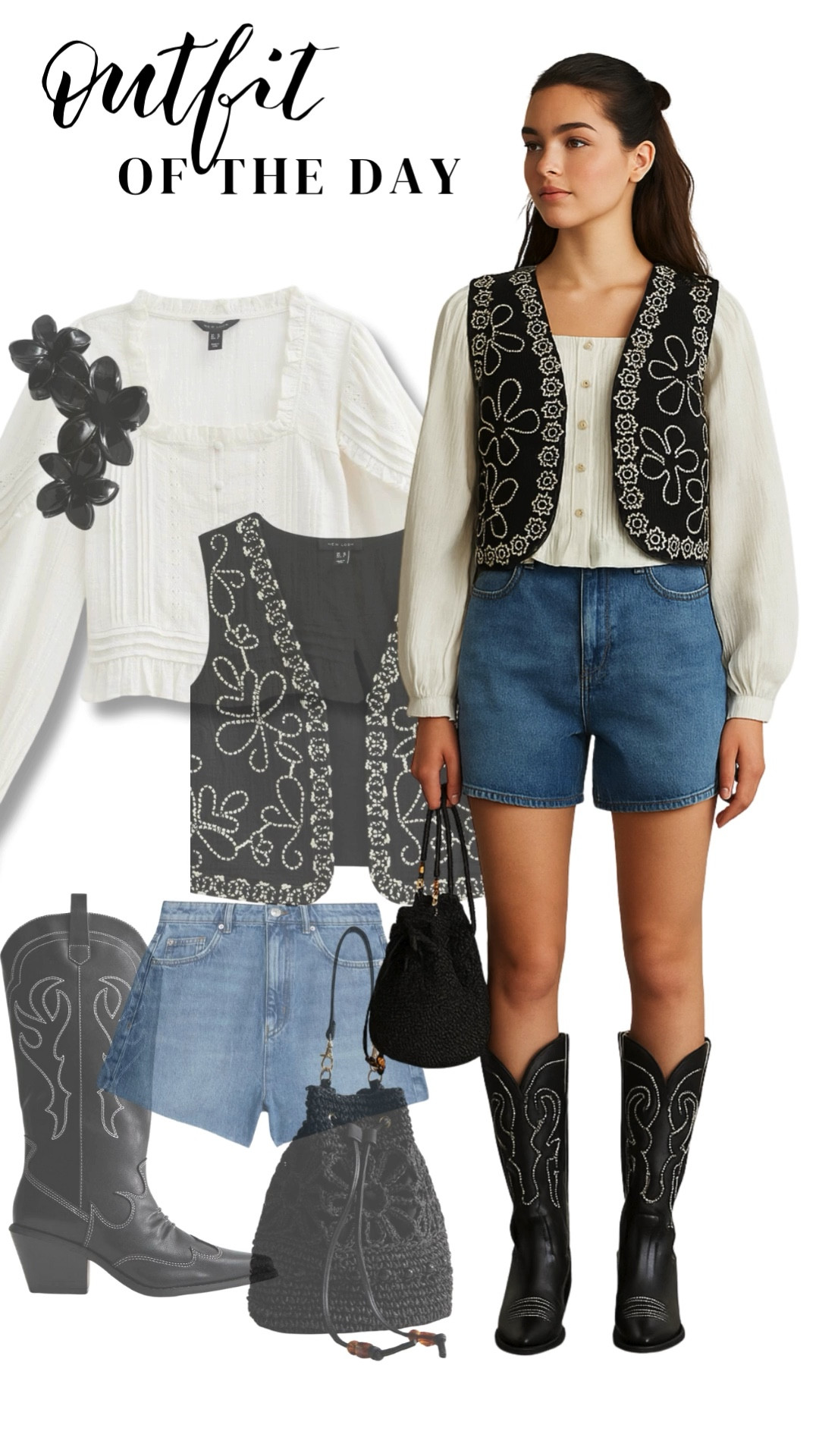 Effortlessly festival-ready 🤍✨ Denim shorts meet prairie girl charm in this embroidered waistcoat moment. Finished with bold cowboy boots and a crochet bag for a nod to Glasto tradition. Yeehaw, but make it fashion.
#OOTD #FestivalLook