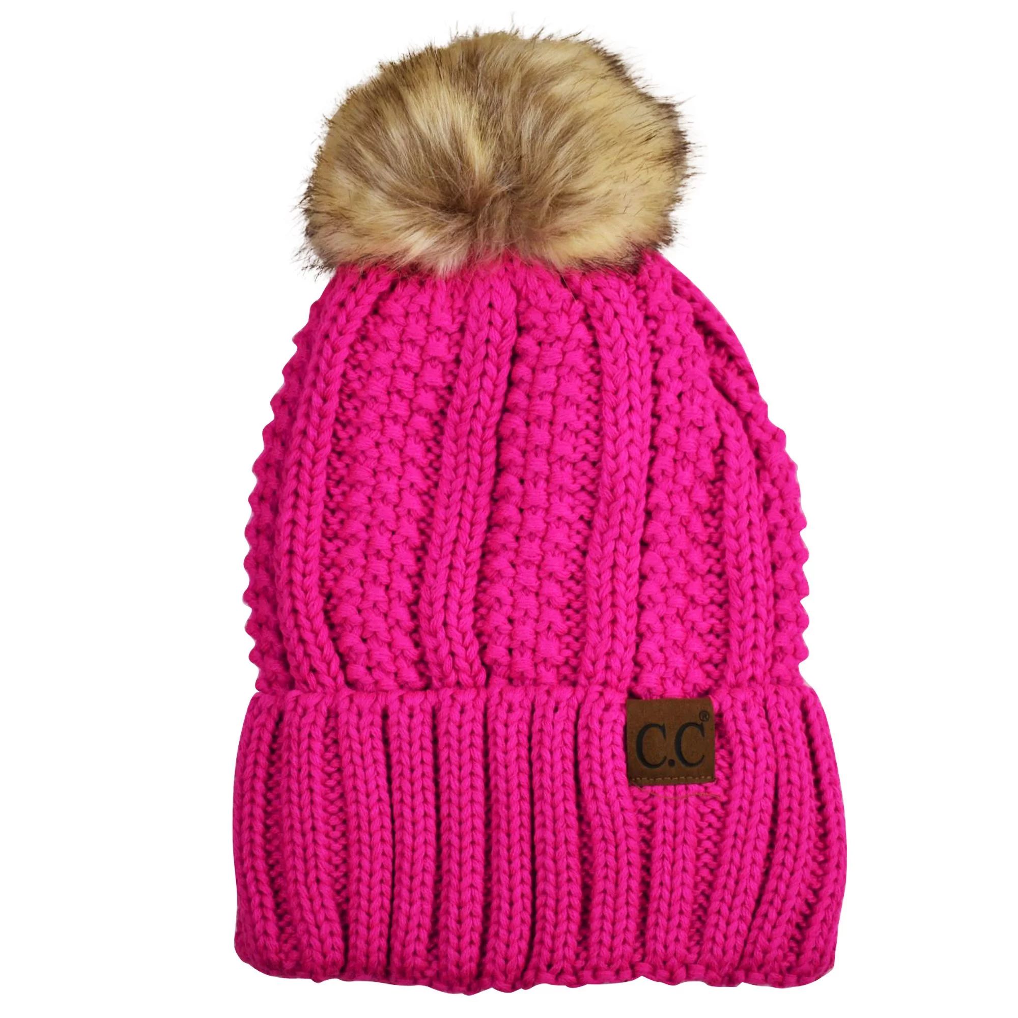 C.C Thick Cable Knit Faux Fuzzy Fur Pom Fleece Lined Skull Cap Cuff Beanie, Neon Pink | Walmart (US)