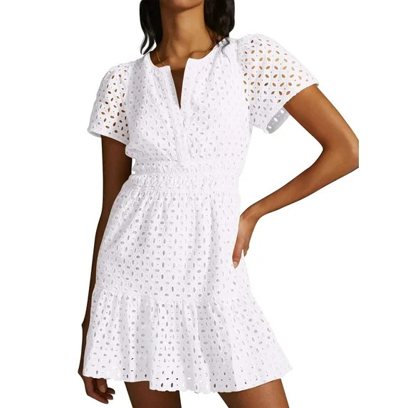 IDOPIP Women's 2025 Summer Short Dress V Neck Short Sleeve A Line Hollow Out Casual Beach Party D... | Walmart (US)