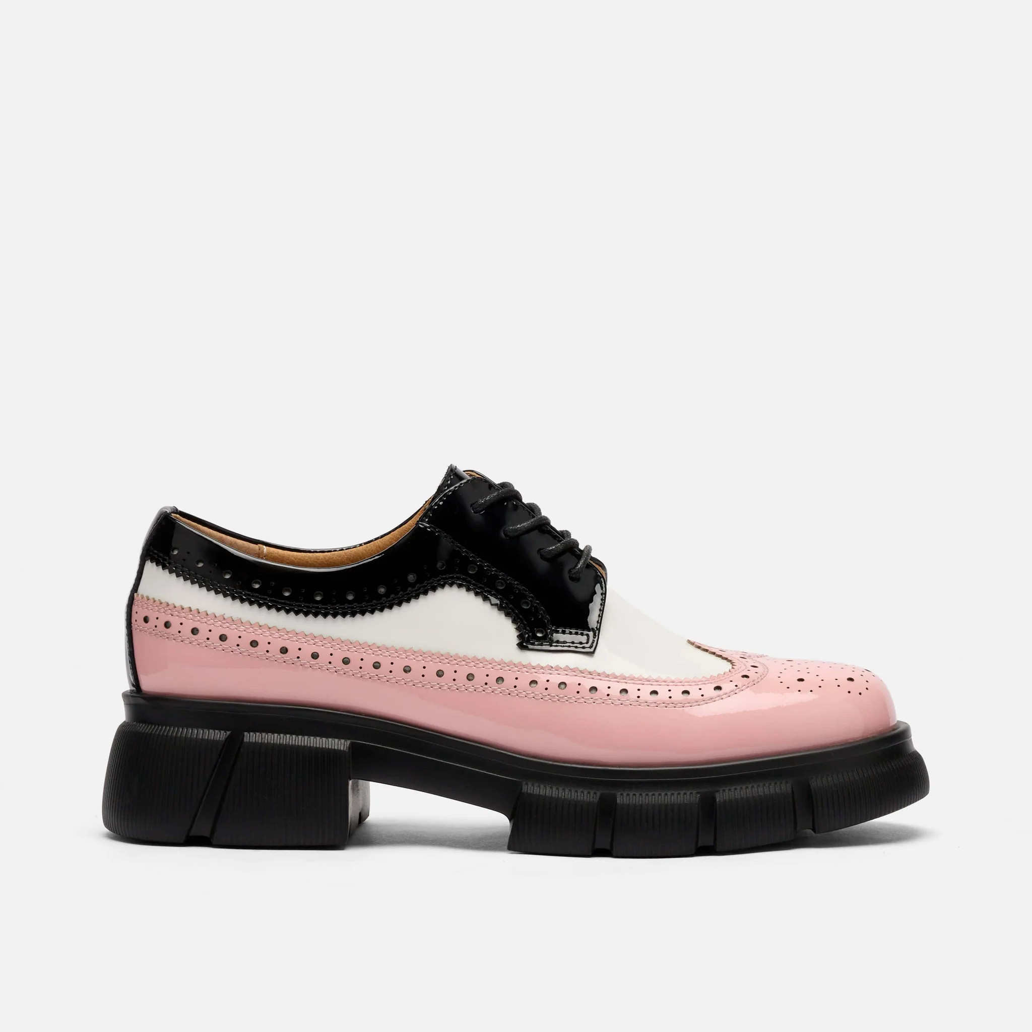 Ms. Alexander Black/White/Pink Patent Leather Lug Wingtip Derby | Marc Nolan