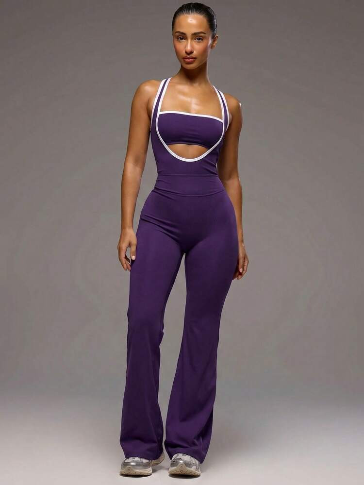 Musera Sport Contrast Cut Out Wide Leg Active Jumpsuit Sport Workout Gym Pilates Fitness Daily Gi... | SHEIN
