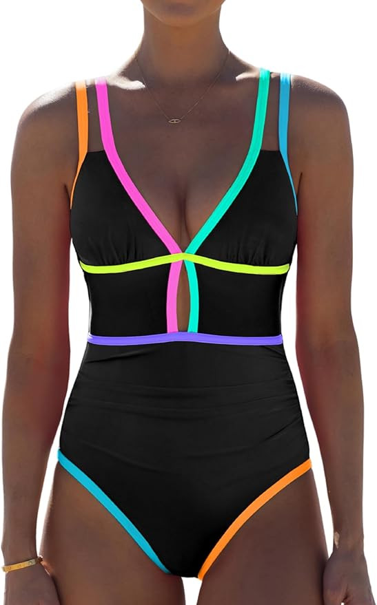 popvil Women One Piece Swimsuit 2026 Tummy Control Sexy Cutout Neon Color Block Bathing Suit Slim... | Amazon (US)
