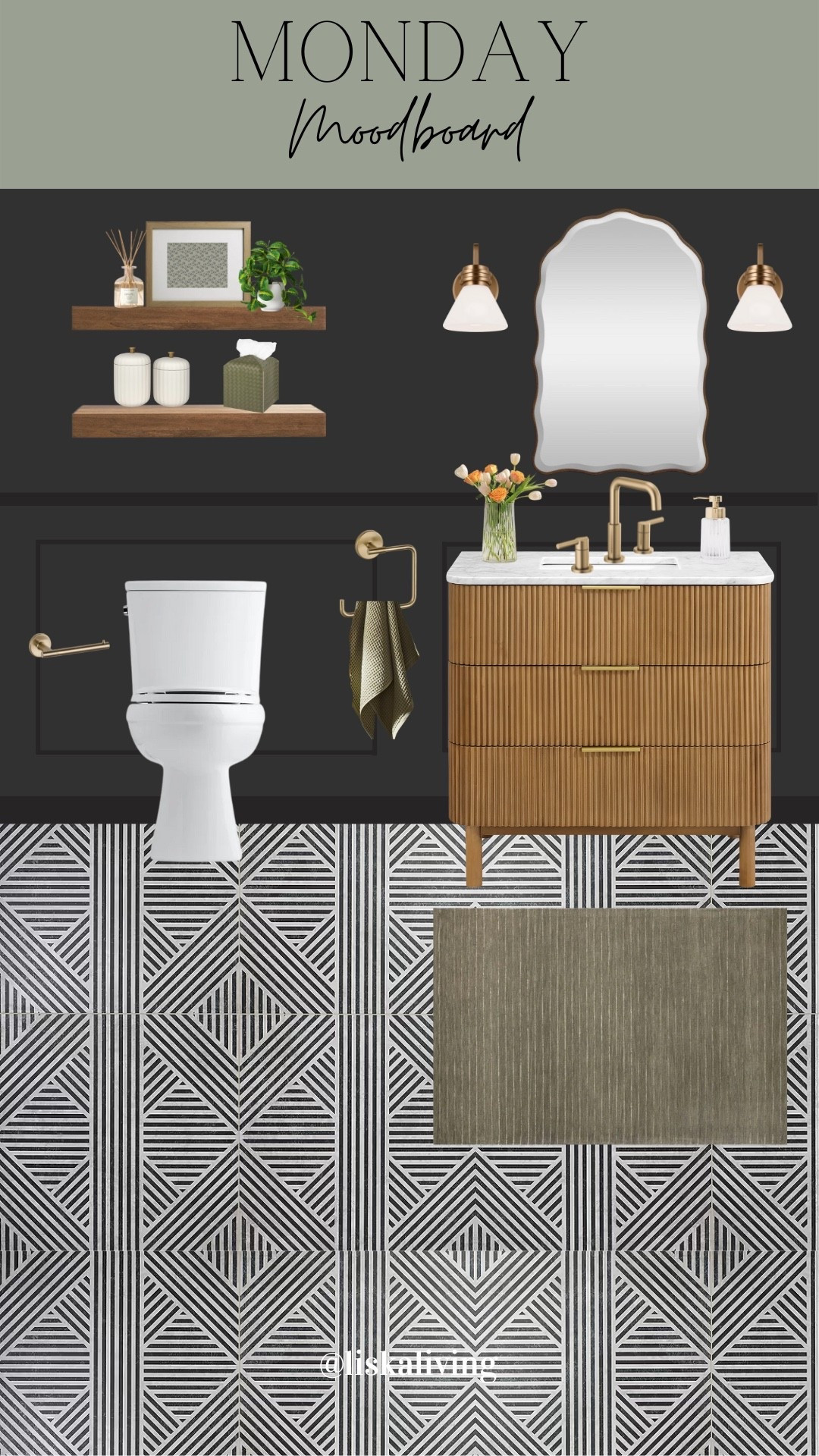 ✨MONDAY MOODBOARD - POWDER ROOM✨

I’ve said it once and I’ll say it again, powder rooms are one of my favorite places to go bold and fun! It’s a space where typically lots of people are going to see it, so why not make it something to talk about?! I love the tile in here (Nolita Matte Porcelain tile by @tilebar) and the wavy mirror and playful lights. Olive green tones and the aged oak vanity pop off the darker Black Magic (@sherwinwilliams) paint color. It’s hard to choose a favorite element!

My friend Kristen from @khuff_home inspired this bathroom design! She recently updated her powder room and I loved some of the finishes she used, so I put my own spin on them. Love finding inspiration from other creators on here! 🫶🏻

#LTKStyleTip #LTKHome