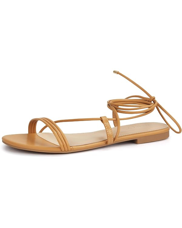 PARTY Women's Strappy Sandals Lace Up Flats Tie Up Open Toe Ankle Strap Shoes | Amazon (US)