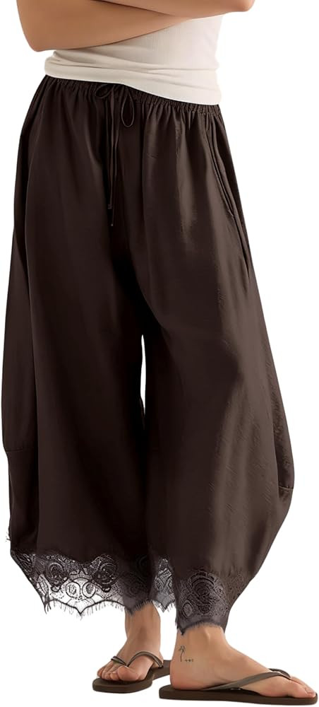 PUWEI Women's Cropped Lace-Hem Pants High Waisted Drawstring Wide Leg Pants Casual Lightweight Tr... | Amazon (US)