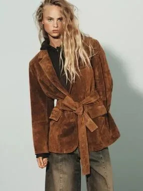 NEW ZARA LIMITED EDITION 100% SUEDE
LEATHER JACKET BROWN COAT TIE Size XS -S | Poshmark