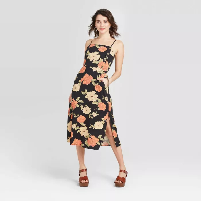 Women's Floral Print Sleeveless Side Button Midi Dress - Xhilaration™ Black | Target
