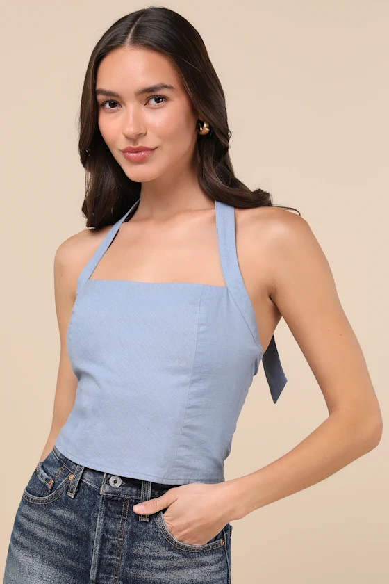 Maebyn Light Blue Halter Crop Top | Lulus