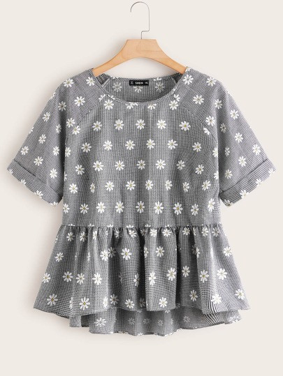 SHEIN Plus Cuffed Sleeve Floral Peplum Top | SHEIN