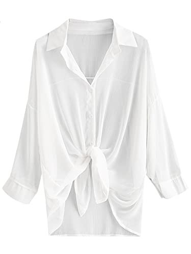 ZAFUL Women's Long Sleeve Beach Shirt Blouses Bathing Suit Cover Up Button Down Collar (2-White1, One Size) | Amazon (US)