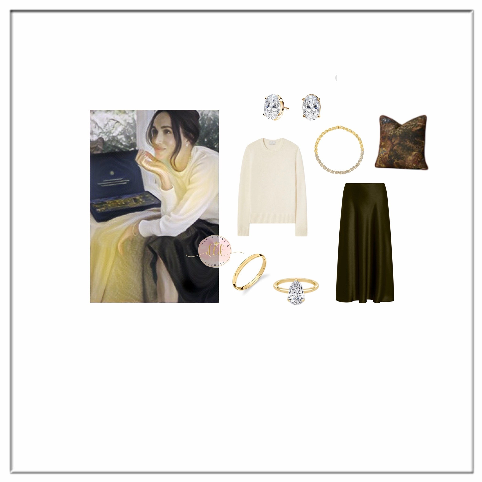 9/30/26 Meghan Markle in a new As Ever newsletter for an advent calendar collaboration with Compartes wearing what’s believed to be CO sweater + Argent Skirt + Brilliant Earth earrings + Pierce and award Alberto pillow + Jennifer Meyer tennis necklace
Image via As Ever