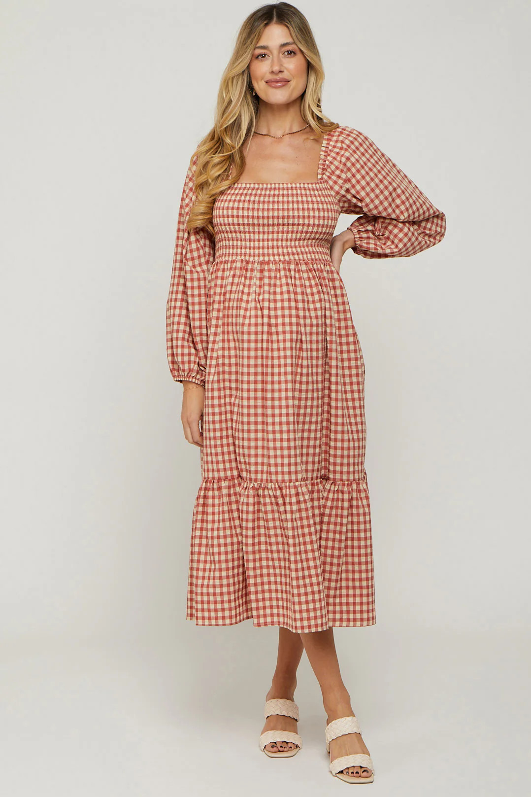 Rust Gingham Long Sleeve Maternity Midi Dress | PinkBlush Maternity