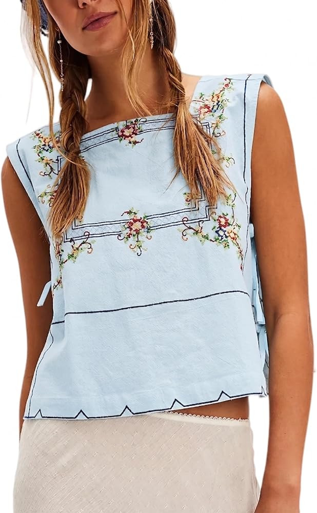 Women Linen Tank Tops Side Ties Square Neck Loose Fit Crop Tops | Amazon (US)