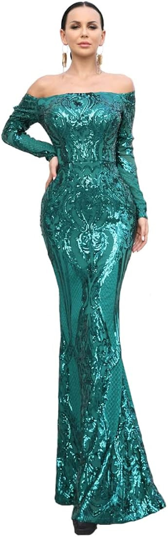Miss ord Sexy Long Sleeve Retro Party Dress Sequin Formal Maxi Dress, Elegant Mermaid Evening Pro... | Amazon (US)